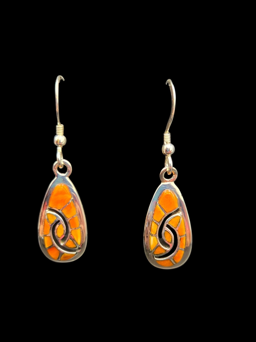 Sterling Teardrop Orange Spiny Oyster Inlay Dangle Earrings
